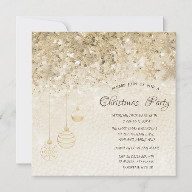 Invitación Copos de Nieve de Oro, Bolas Lentejuelas Navidad C (Anverso)