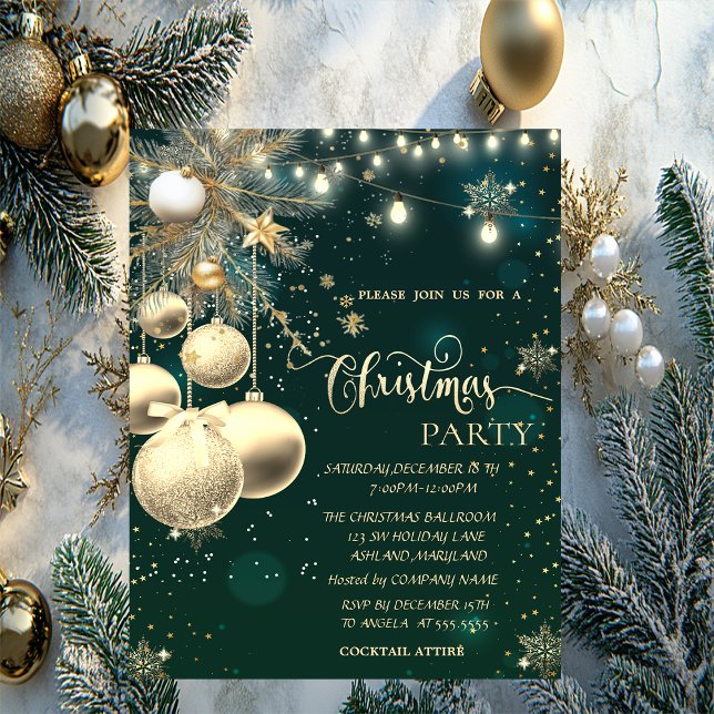 Invitación  Copos de nieve de oro, bolas, luces de rama Navid (Subido por el creador)