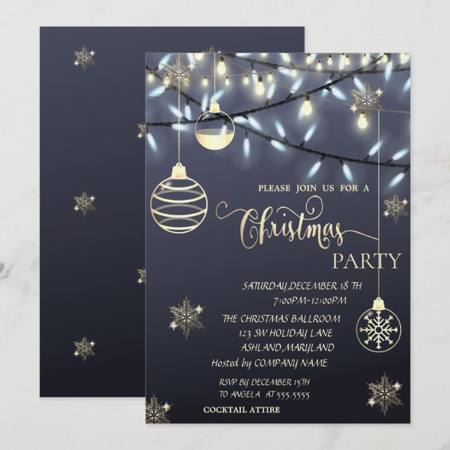 Invitación Copos de Nieve de Oro, Bolas, Luces Fiesta de Navi (Anverso / Reverso)