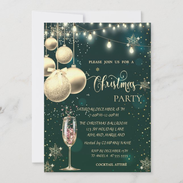 Invitación Copos de nieve de oro, bolas, luces, Navidades de  (Anverso)