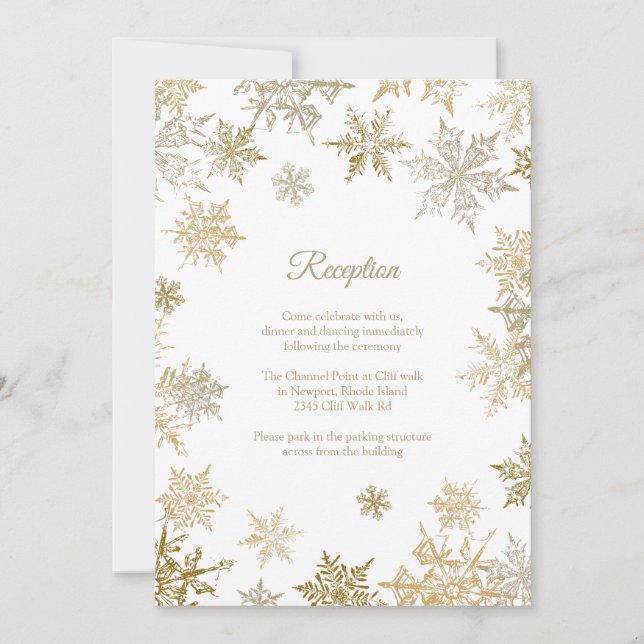 Invitación Copos de nieve de oro Elegante recepción de Boda d (Anverso)