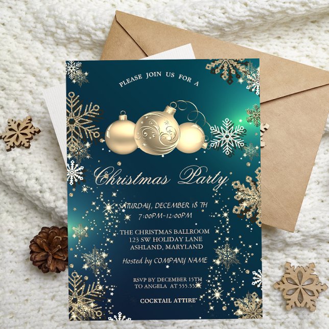 Invitación Copos de nieve de oro, Navidades, Fiesta de la com (Subido por el creador)