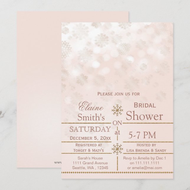 Invitación copos de nieve de oro ruidoso Winter Bridal ducha  (Anverso / Reverso)