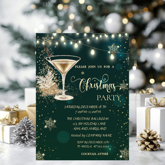 Invitación Copos de nieve de oro, vidrio, Navidades verdes il (Subido por el creador)