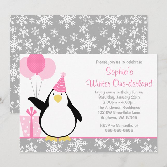 Invitación Copos de nieve de pingüino Cumpleaños de Onederlan (Anverso / Reverso)