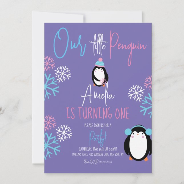 Invitación Copos de nieve de pingüino rosa azul cumpleaños 1  (Anverso)