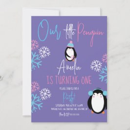 Invitación Copos de nieve de pingüino rosa azul cumpleaños 1