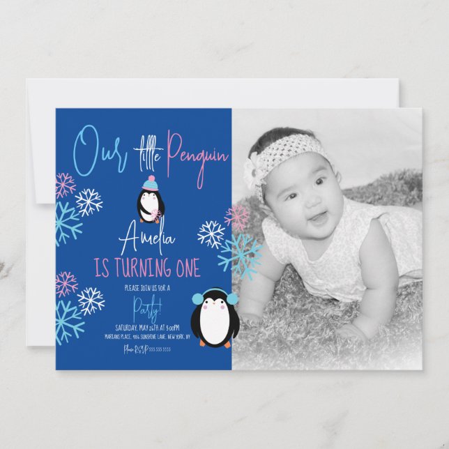 Invitación Copos de nieve de pingüino rosa azul cumpleaños 1  (Anverso)