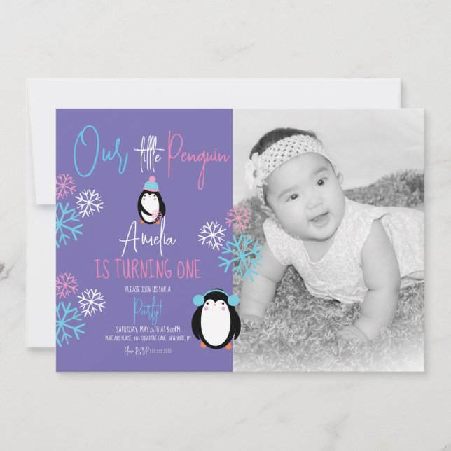 Invitación Copos de nieve de pingüino rosa azul cumpleaños 1  (Anverso)