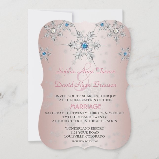 Invitación Copos de nieve de plata Boda rosa de perla azul cr (Anverso)