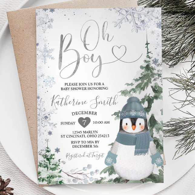 Invitación Copos de nieve de plata de Baby Shower penguin de  (Subido por el creador)
