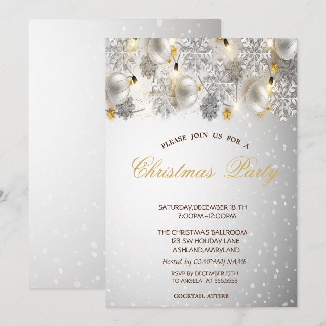 Invitación Copos de Nieve de Plata, Fiesta de Navidad de la C (Anverso / Reverso)