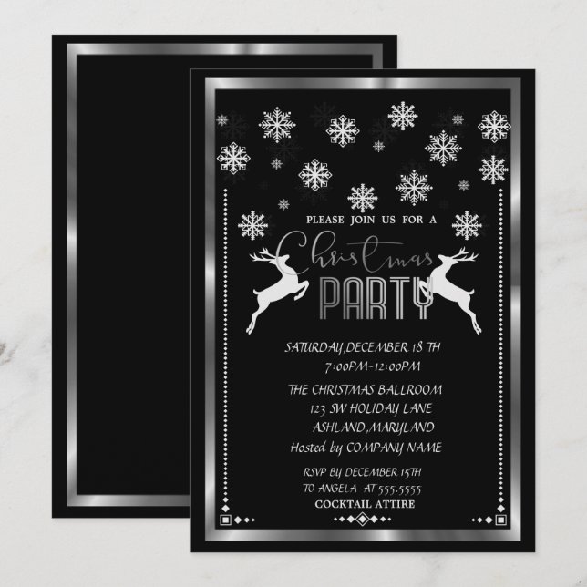 Invitación Copos de Nieve de Plata, Fiesta de Navidad de la E (Anverso / Reverso)