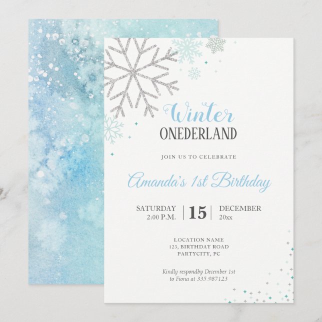 Invitación Copos de nieve de primer cumpleaños de invierno (Anverso / Reverso)