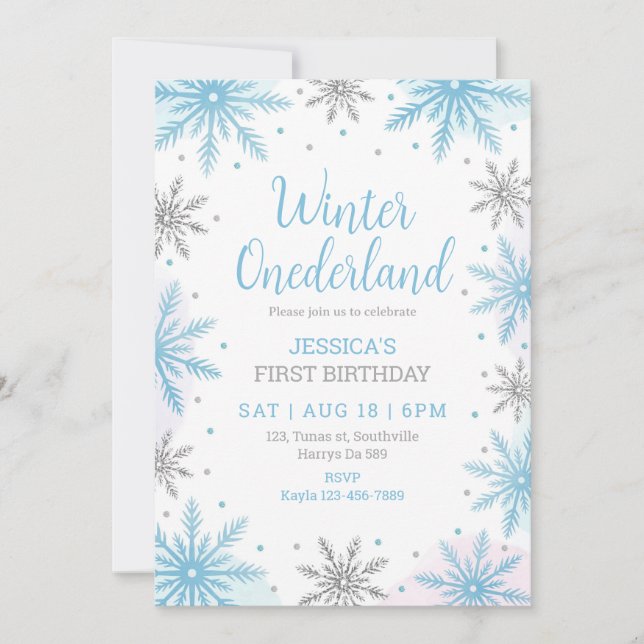Invitación Copos de nieve de primer cumpleaños de Onederland  (Anverso)