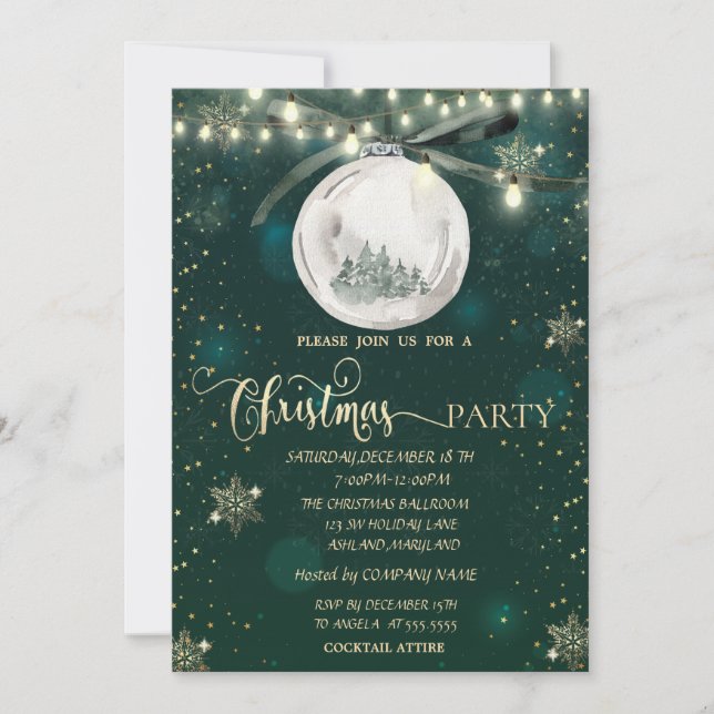 Invitación Copos de Nieve Dorados, Bola, Luces de árbol de pi (Anverso)