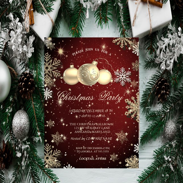 Invitación Copos de Nieve Dorados, Bolas de Navidad Rojas Fie (Subido por el creador)