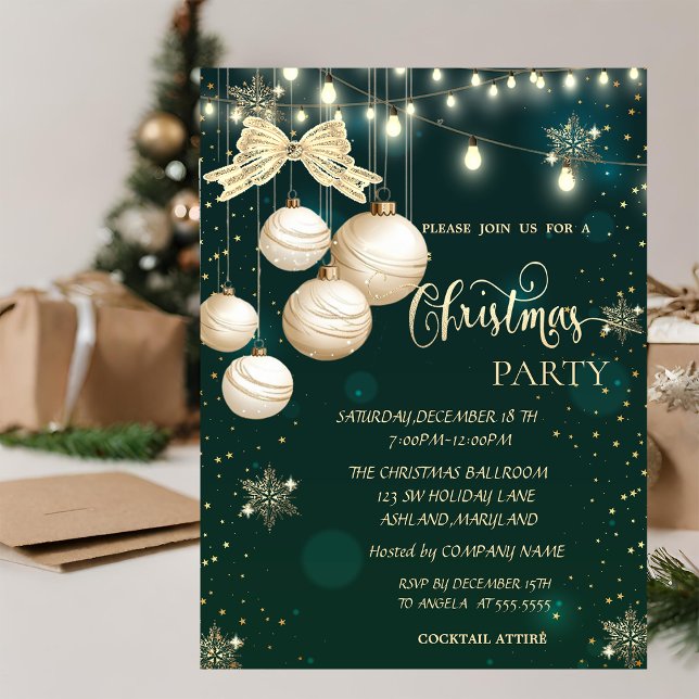 Invitación  Copos de nieve dorados, bolas, luces Arco verde N (Subido por el creador)