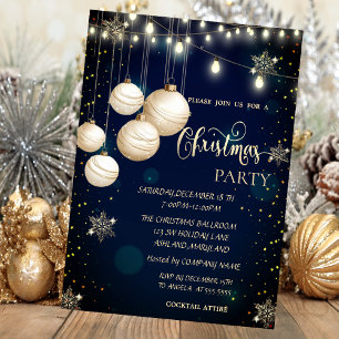 Invitación Copos de Nieve Dorados, Bolas, Luces Navidad Azul
