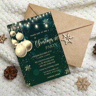 Invitación Copos de Nieve Dorados, Bolas, Luces Navidad Verde