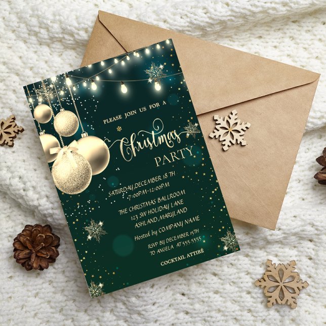 Invitación Copos de Nieve Dorados, Bolas, Luces Navidad Verde (Subido por el creador)