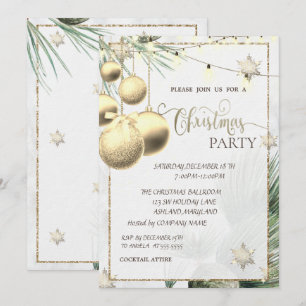 Invitación Copos de Nieve Dorados, Bolas, Luces, Ramas Navida