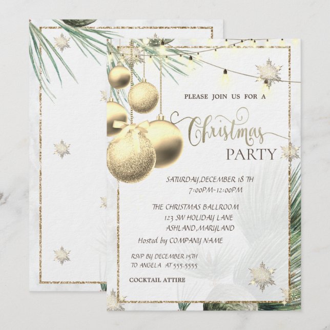 Invitación Copos de Nieve Dorados, Bolas, Luces, Ramas Navida (Anverso / Reverso)