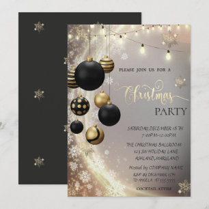 Invitación Copos de nieve dorados, bolas negras, luces de Nav