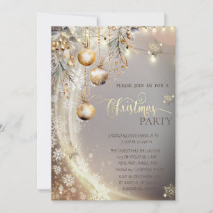 Invitación Copos de nieve dorados, bolas vintage, luces de Na