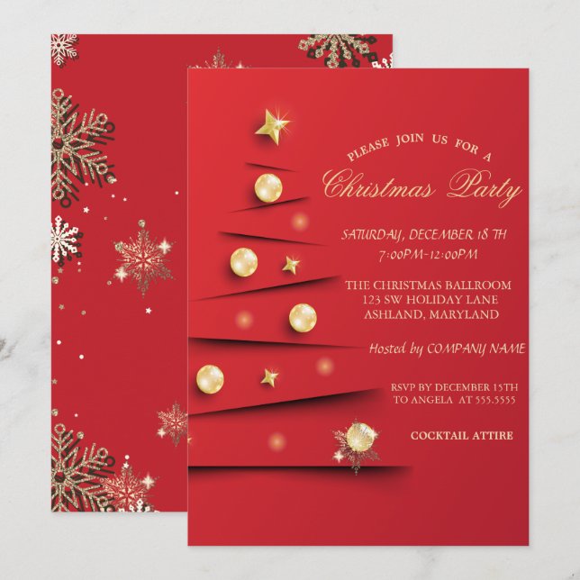 Invitación Copos de nieve dorados, compañía roja de bolas de  (Anverso / Reverso)