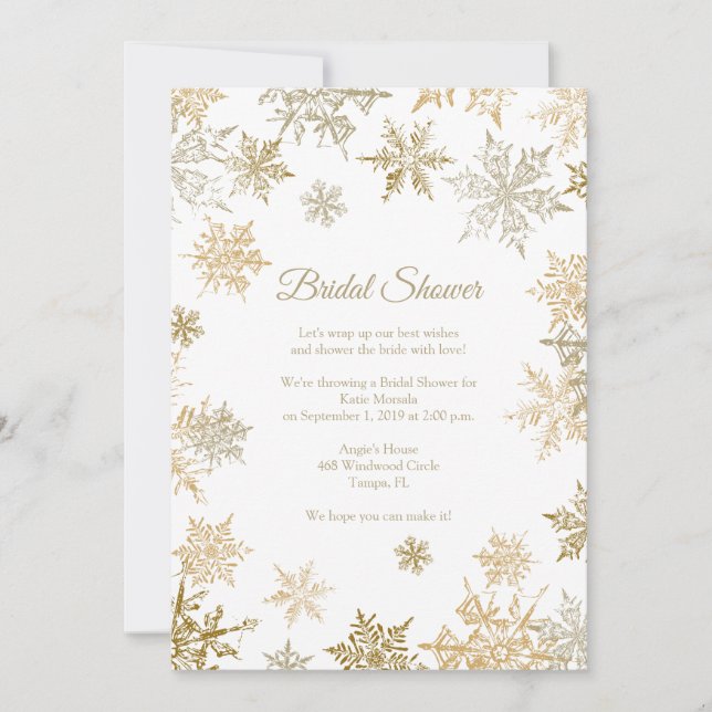 Invitación Copos de nieve dorados elegante ducha de novia en  (Anverso)