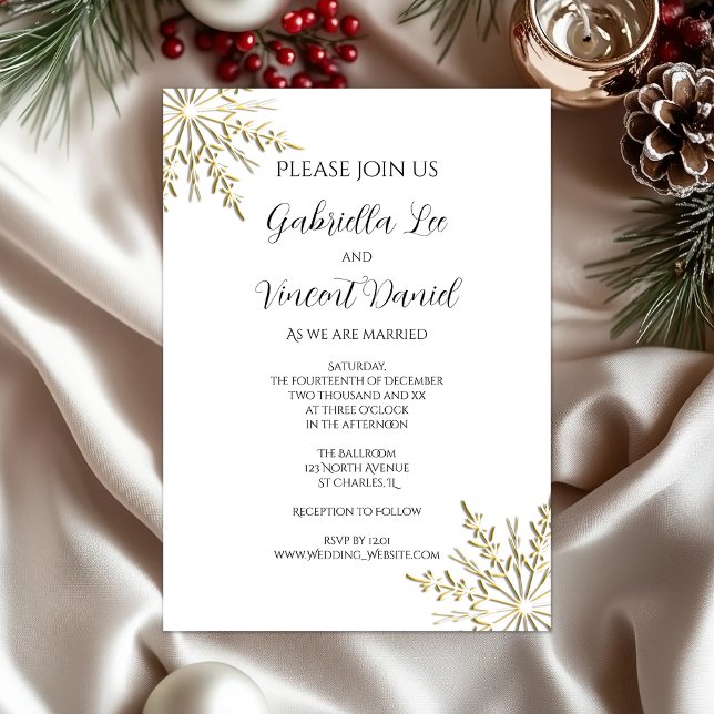 Invitación Copos de nieve dorados en una boda blanca de invie (Subido por el creador)