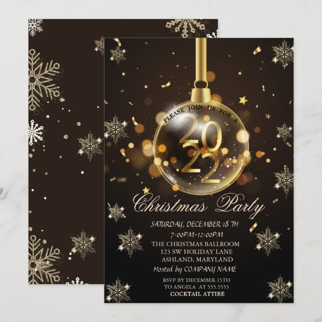 Invitación Copos de nieve dorados, Navidades Ball 2022 Compan (Anverso / Reverso)