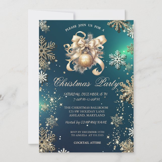 Invitación Copos de nieve dorados, Navidades Ball Bow Green C (Anverso)