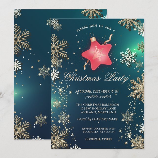 Invitación Copos de nieve dorados, Navidades Star Ornament Co (Anverso / Reverso)