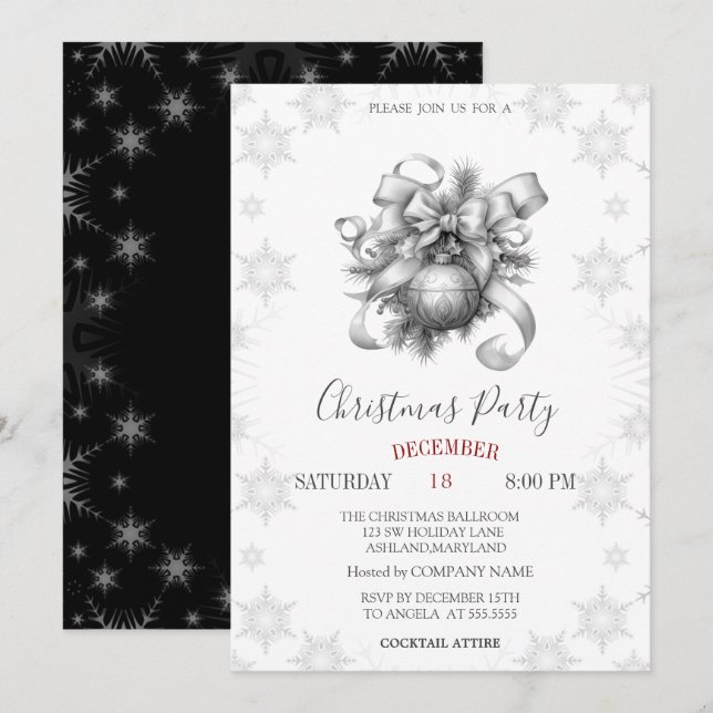Invitación Copos de Nieve Elegantes, Compañía de Bolas de Nav (Anverso / Reverso)