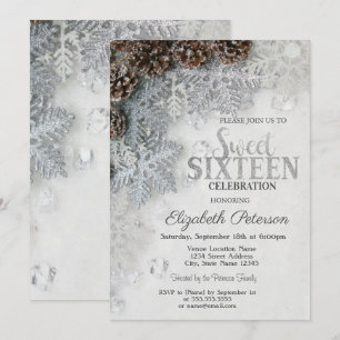 Invitación Copos de Nieve Elegantes con Brillo Piñas Cumpleañ