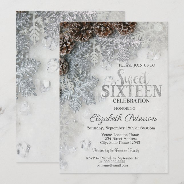 Invitación Copos de Nieve Elegantes con Brillo Piñas Cumpleañ (Anverso / Reverso)