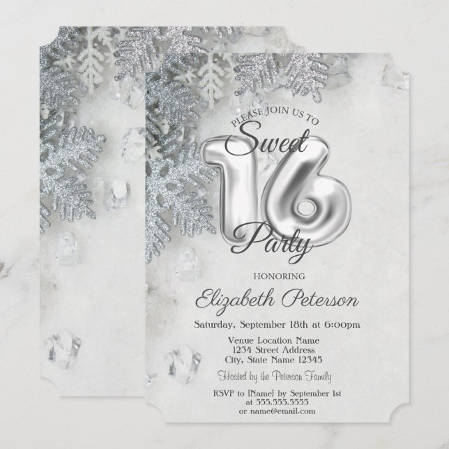 Invitación Copos de Nieve Elegantes con Brillo Sweet 16  (Anverso / Reverso)