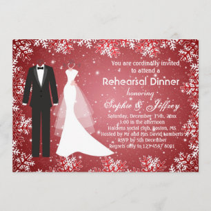 Invitación Copos de nieve en cena roja del ensayo del navidad