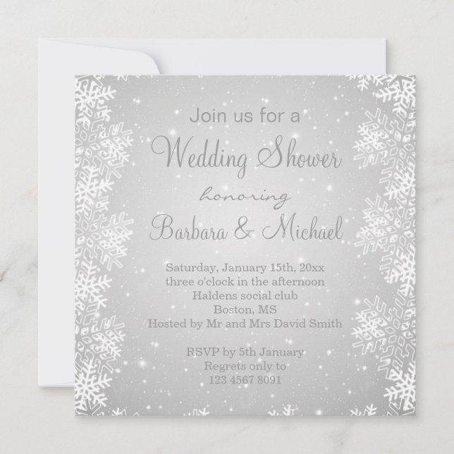 Invitación Copos de nieve en ducha gris de la boda del fondo (Anverso)