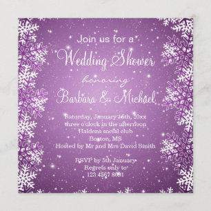 Invitación Copos de nieve en ducha púrpura de la boda del