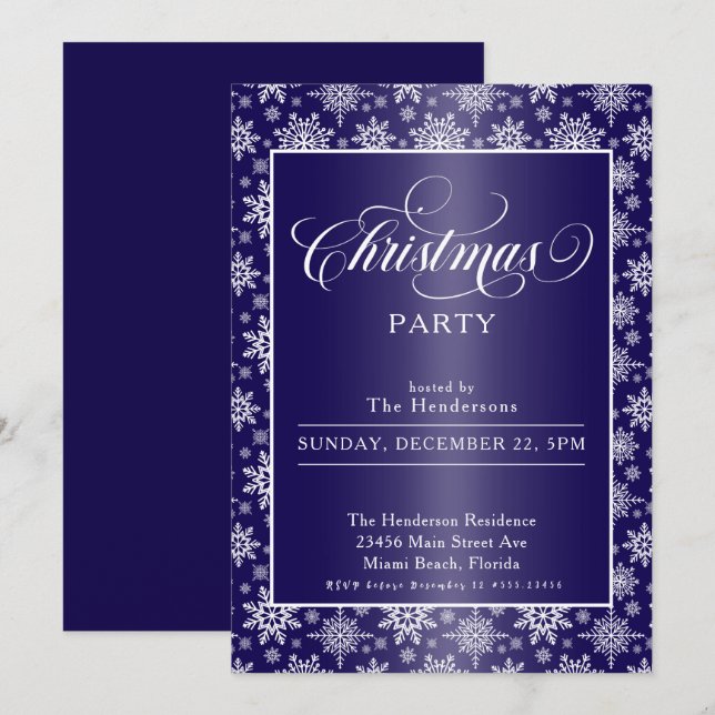 Invitación Copos de nieve en Fiesta de Navidades azules (Anverso / Reverso)