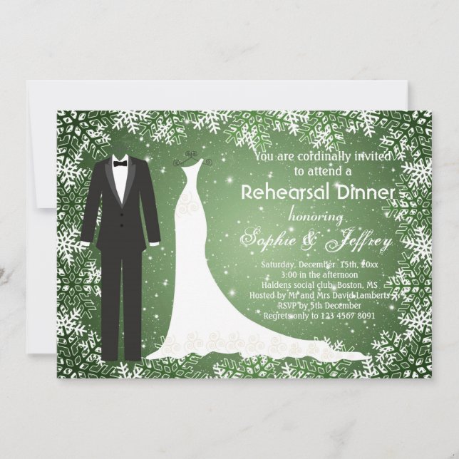 Invitación Copos de nieve en la cena de Navidades verdes (Anverso)