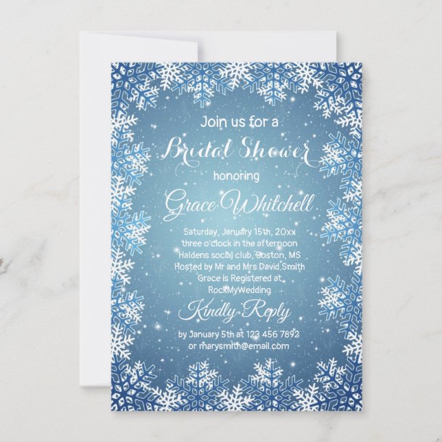 Invitación Copos de nieve en Navidades azules ducha de novia (Anverso)