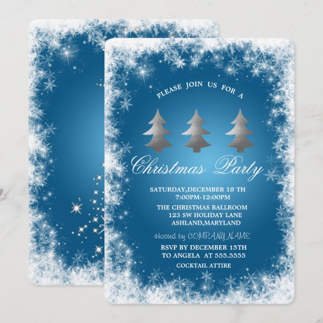 Invitación Copos de nieve, estrellas, Fiesta de Navidades azu (Anverso / Reverso)