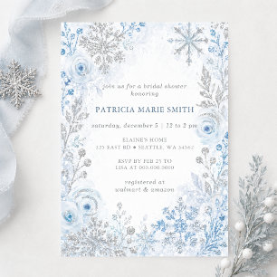 Invitación Copos de Nieve Florales de Invierno Azul Plateado