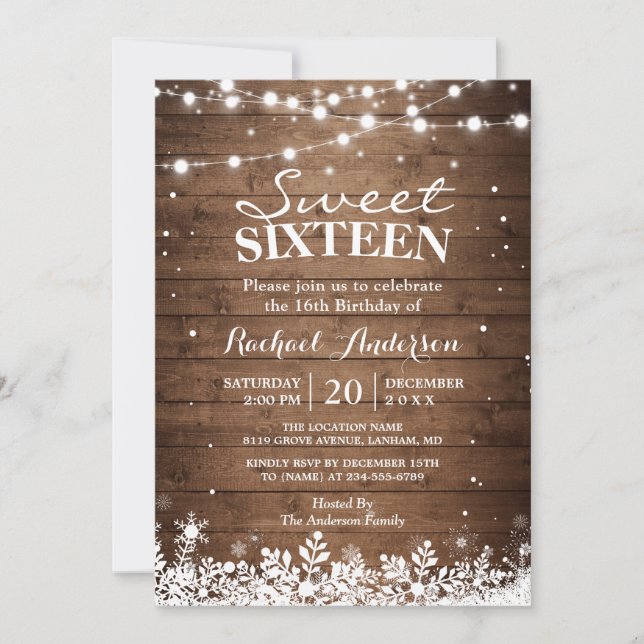 Invitación Copos de nieve iluminan fiesta de cumpleaños 16 de (Anverso)