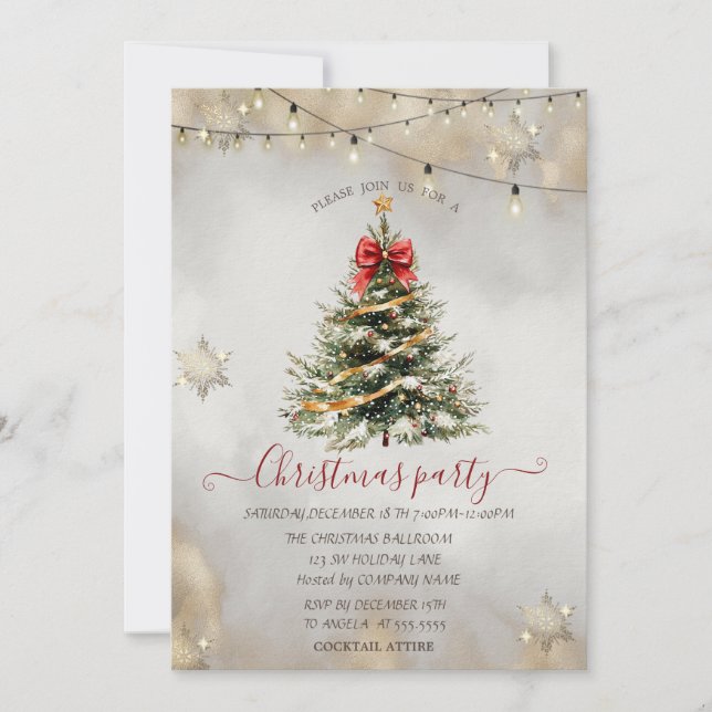 Invitación Copos de nieve, Luces de árbol de pino de Navidad  (Anverso)