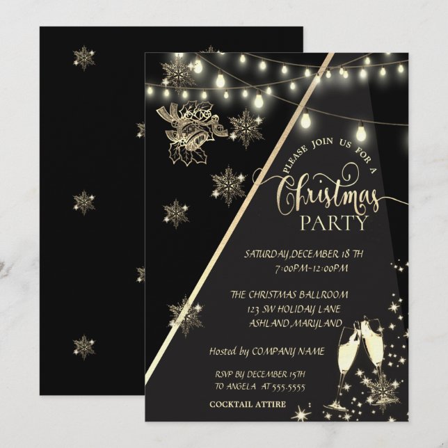 Invitación Copos de nieve, Luces, Fiesta de Navidad de la Com (Anverso / Reverso)